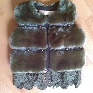 Wicked Green Studded Girls Faux Fur Vest with Faux Leather and Lace Detail